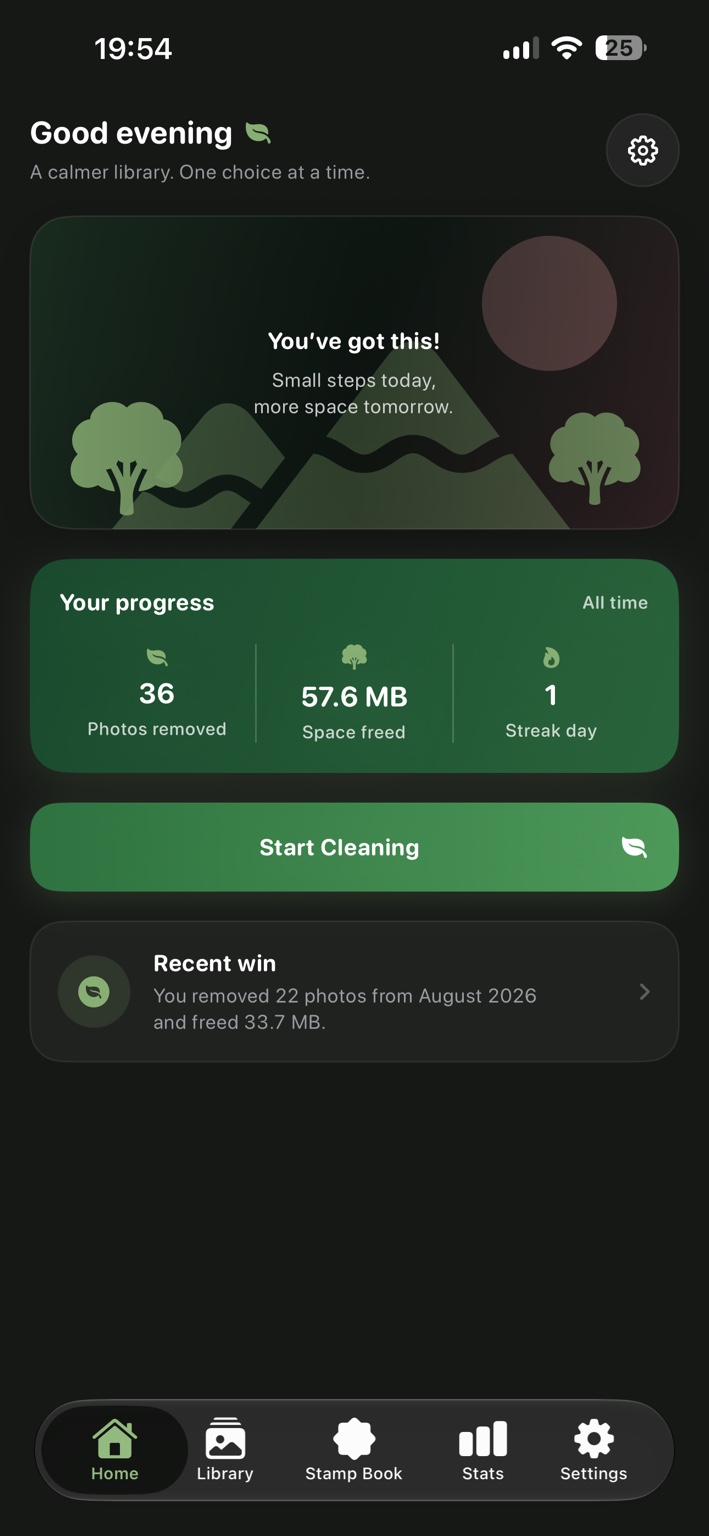 The Fewer Photos month library showing completed and in-progress months.