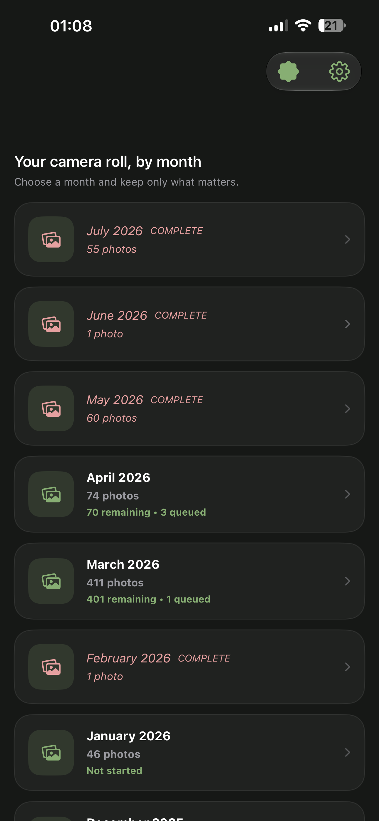 The Fewer Photos month library showing completed and in-progress months.
